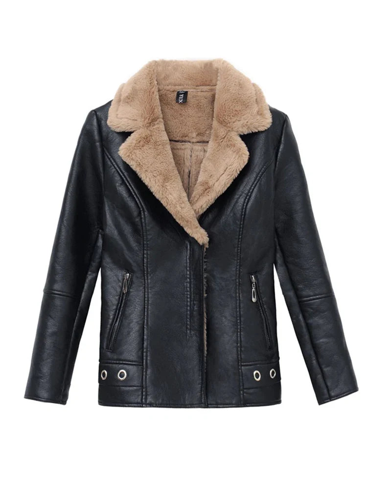 Aelegantmis Autumn Winter Warm Faux Fur Coat Women Leather Jacket Ladies Slim Moto Biker Basic Jackets Plush Casual Outerwear