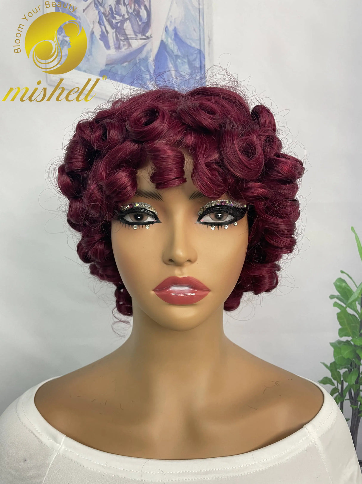 200% 99J Burgundy Bouncy Curly Human Hair Wigs with Bangs Full Machine Made Wig Afro Kinky Curly Short Bob Wigs for Black Women