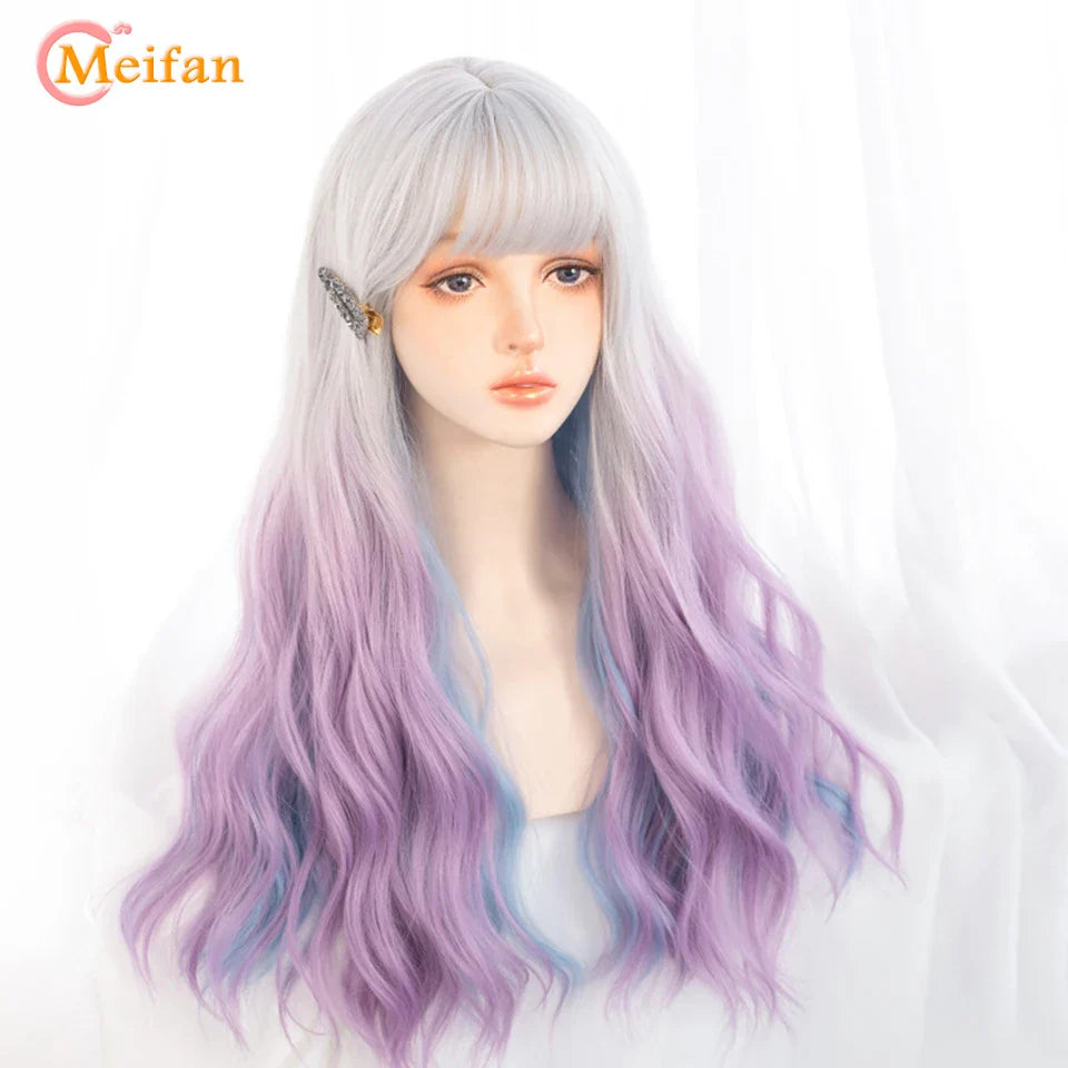 MEIFAN Synthetic Long Straight Lolita Wig with Bangs Wig Girl Cute Mixed Black Red Blonde Cosplay Party Halloween Harajuku Wig