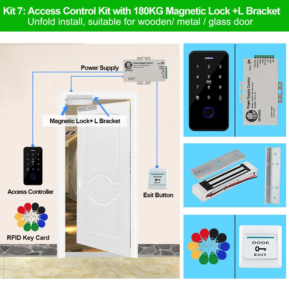 Bluetooth Tuya APP Door Access Control System Kit Waterproof RFID Keypad NFC Fingerprint, 180KG Electric Magnetic Strike Locks