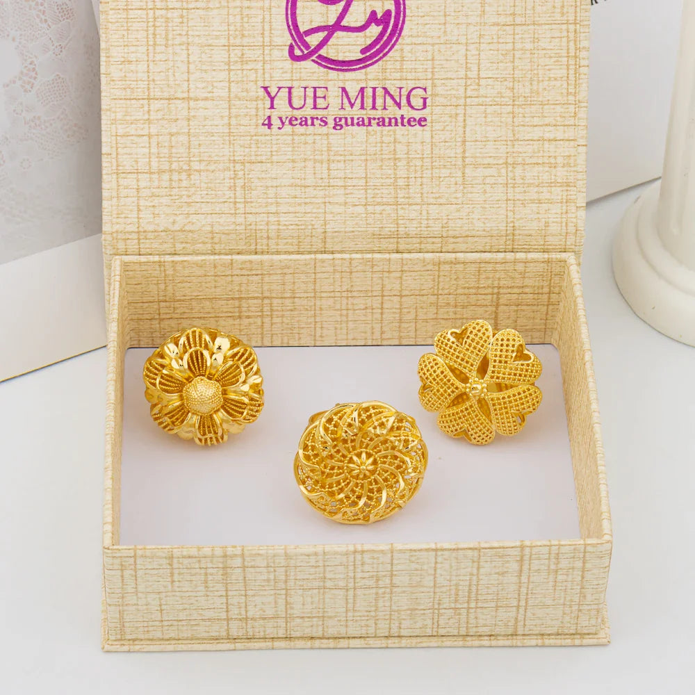 Italian Gold Plated Jewelry Set Unique Finger Ring Women Big Style Flower Elegant Rings Jewellery Sets Adjustable Ring Gifts