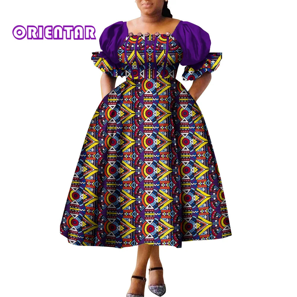 African Style Dresses for Women Puff Sleeve High Waist Gowns Ankara African Dress Princess Dress Robe Africaine Femme WY9970