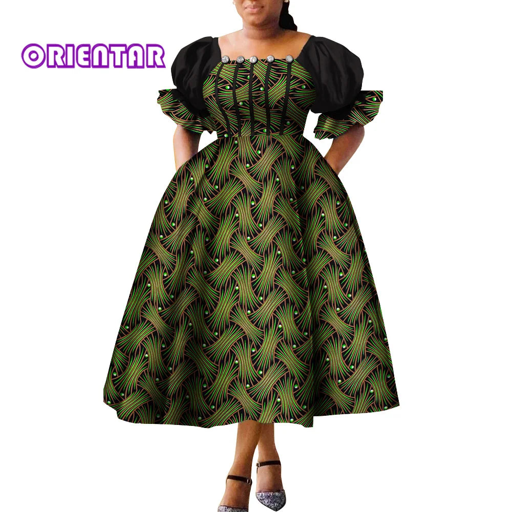 African Style Dresses for Women Puff Sleeve High Waist Gowns Ankara African Dress Princess Dress Robe Africaine Femme WY9970