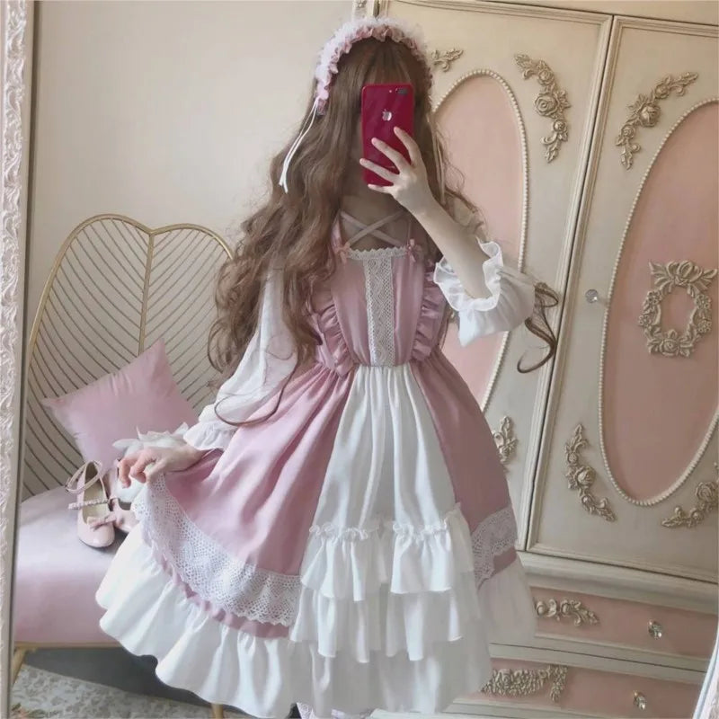 Alice In Wondeland Cute Women Lolita OP Dress Flouncing Lace Trim Japanese Harajuku Long Sleeves Doll Teen Dress Fairy Vestidos