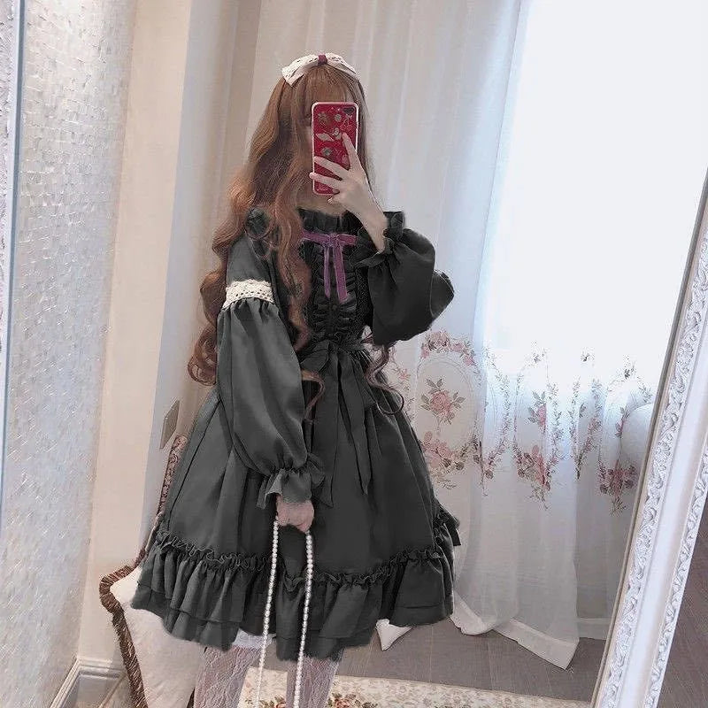 Alice In Wondeland Cute Women Lolita OP Dress Flouncing Lace Trim Japanese Harajuku Long Sleeves Doll Teen Dress Fairy Vestidos