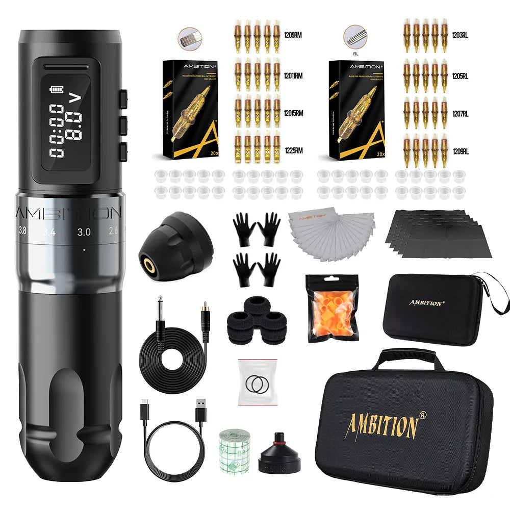 Ambition MARS-U Tattoo Machine Kit Wireless Battery Tattoo Pen Adjustable Stroke 2.2-4.2mm Professional Coreless Motor 1800mAh