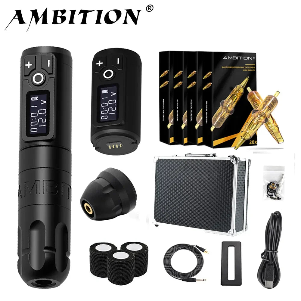 Ambition Soldier Wireless Tattoo Machine Pen Kit Coreless Motor with 2400mAh Battery 80pcs Mixed Cartridge for Tattoo Artist