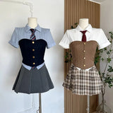 American Korean Preppy Style JK Uniform Set Internet celebrity Hot Girl Corset Tunic Slim Shirt Tie Pleated Skirt Suit Summer