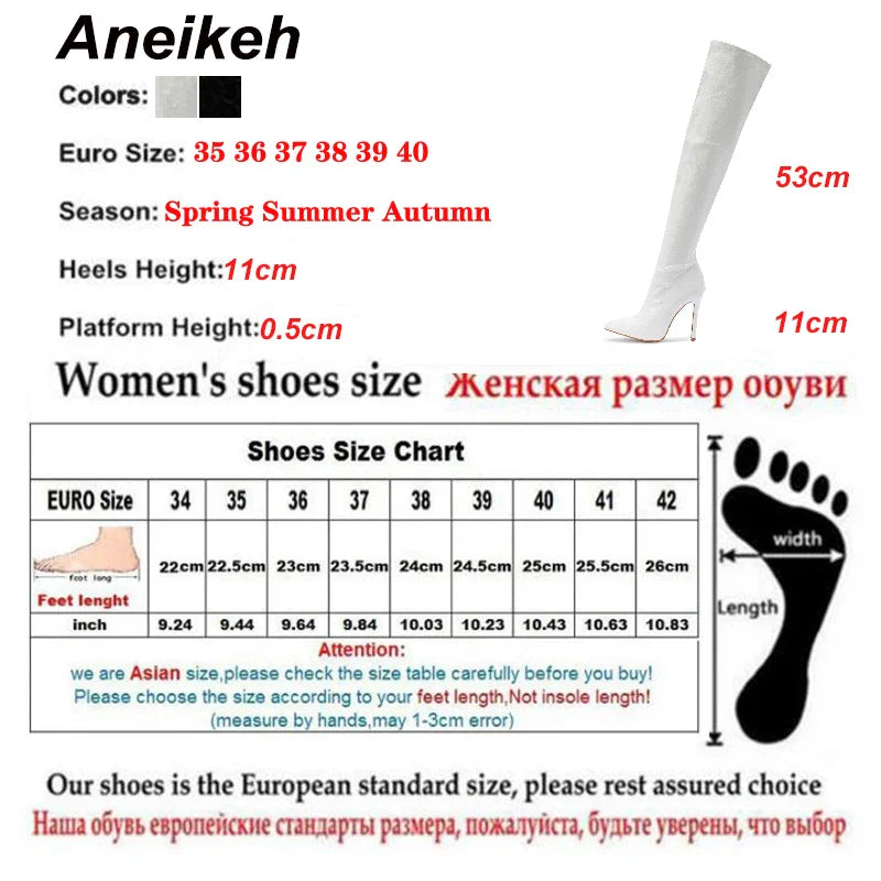 Aneikeh White Sexy Over-the-Knee Side Zipper Slip-On Pointed Toe Shoes NEW Fashion Striped Thin Heels Ladies Boots 2024 Spring