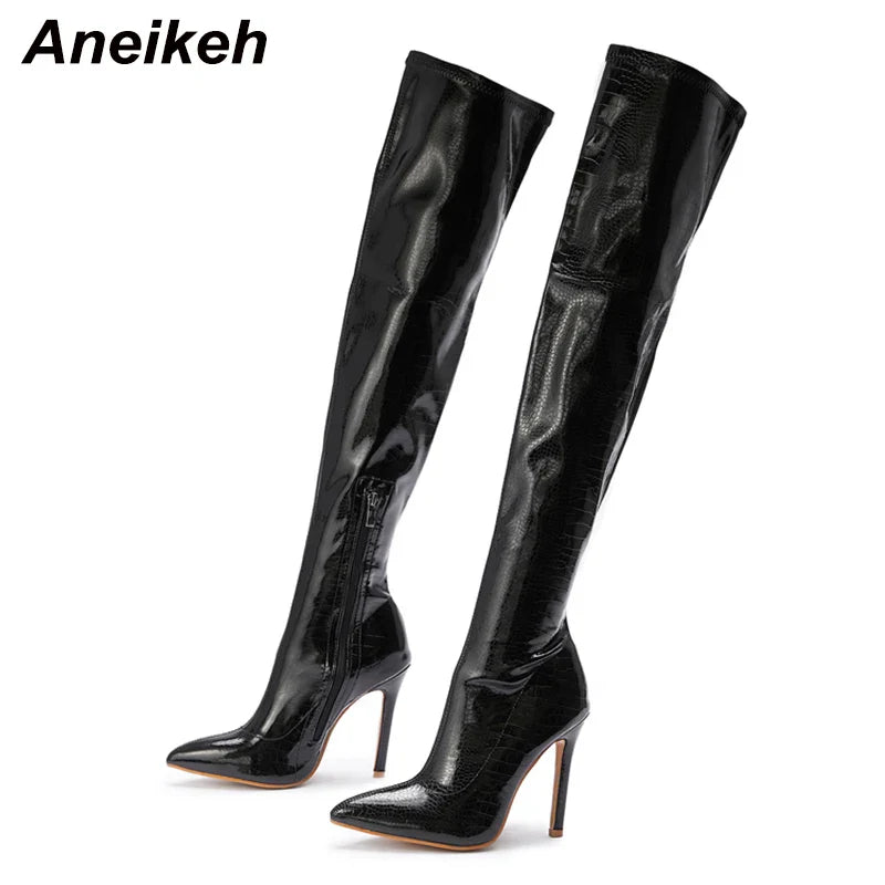 Aneikeh White Sexy Over-the-Knee Side Zipper Slip-On Pointed Toe Shoes NEW Fashion Striped Thin Heels Ladies Boots 2024 Spring