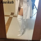 Aneikeh White Sexy Over-the-Knee Side Zipper Slip-On Pointed Toe Shoes NEW Fashion Striped Thin Heels Ladies Boots 2024 Spring