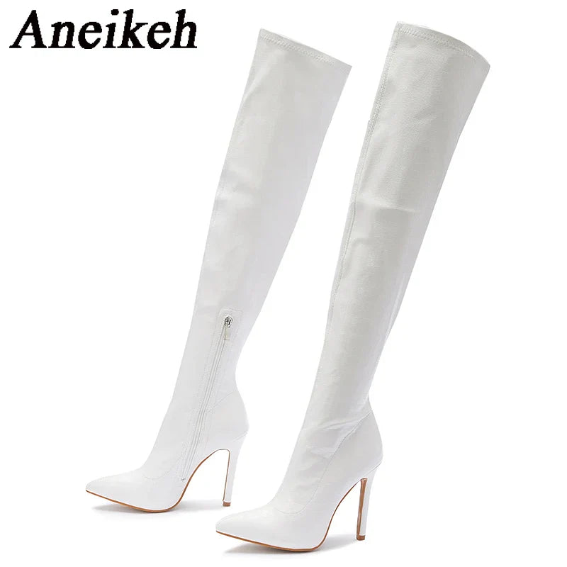 Aneikeh White Sexy Over-the-Knee Side Zipper Slip-On Pointed Toe Shoes NEW Fashion Striped Thin Heels Ladies Boots 2024 Spring