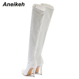 Aneikeh White Sexy Over-the-Knee Side Zipper Slip-On Pointed Toe Shoes NEW Fashion Striped Thin Heels Ladies Boots 2024 Spring