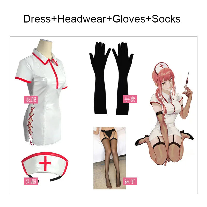 Anime Chainsaw Man Cosplay Costume Makima Nurse Uniform Artificial PU Leather Dresses and Nurse Cap