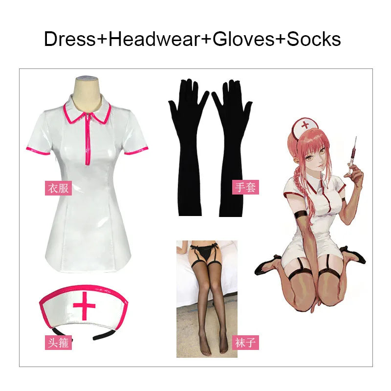 Anime Chainsaw Man Cosplay Costume Makima Nurse Uniform Artificial PU Leather Dresses and Nurse Cap