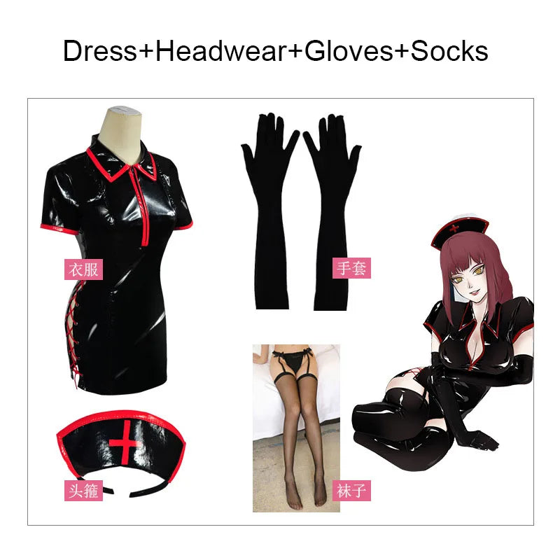 Anime Chainsaw Man Cosplay Costume Makima Nurse Uniform Artificial PU Leather Dresses and Nurse Cap