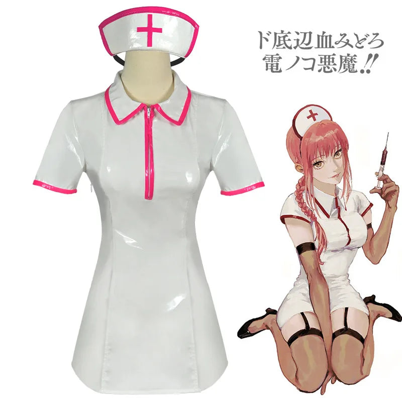 Anime Chainsaw Man Cosplay Costume Makima Nurse Uniform Artificial PU Leather Dresses and Nurse Cap