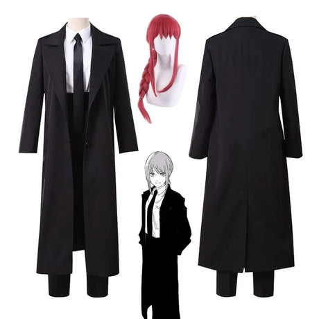 Anime Chainsaw Man Makima Cosplay Costume Black Trench Shirt Tie Pants Makima Wig Long Light Red Braid Men Women Suit Uniforms