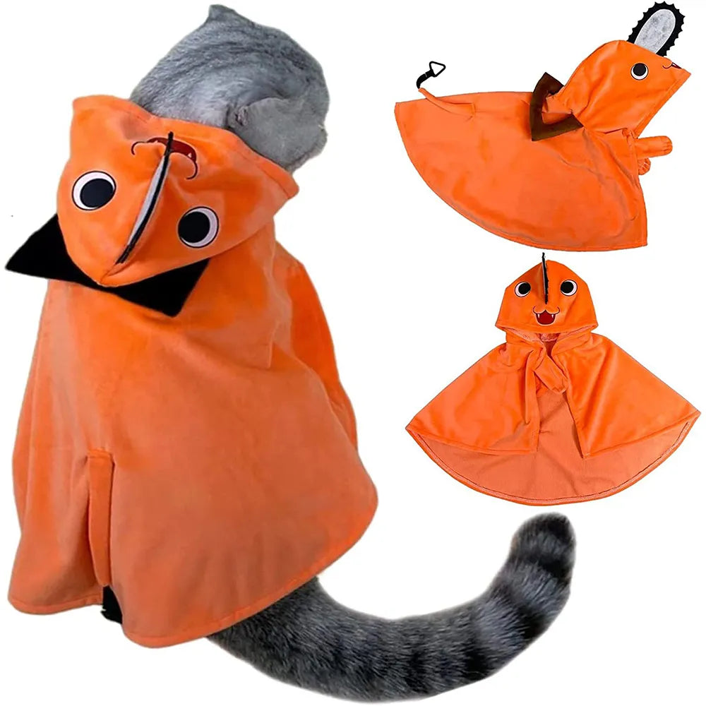 Anime Chainsaw Man Pochita Cloak Cat and Dog Clothing Hooded Cape Cute Kitten Puppy Uniform Pets Orange Outfits Clothes