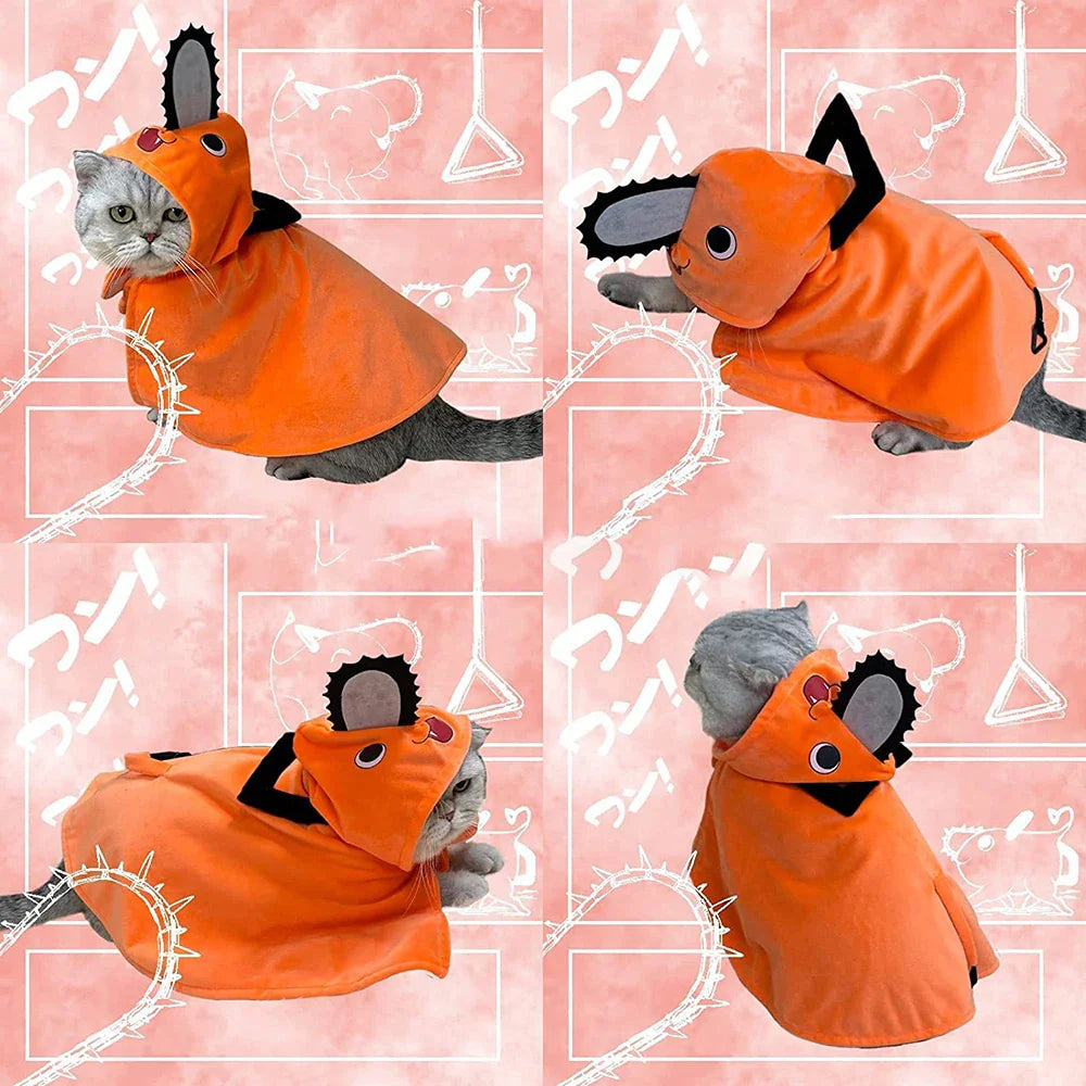 Anime Chainsaw Man Pochita Cloak Cat and Dog Clothing Hooded Cape Cute Kitten Puppy Uniform Pets Orange Outfits Clothes