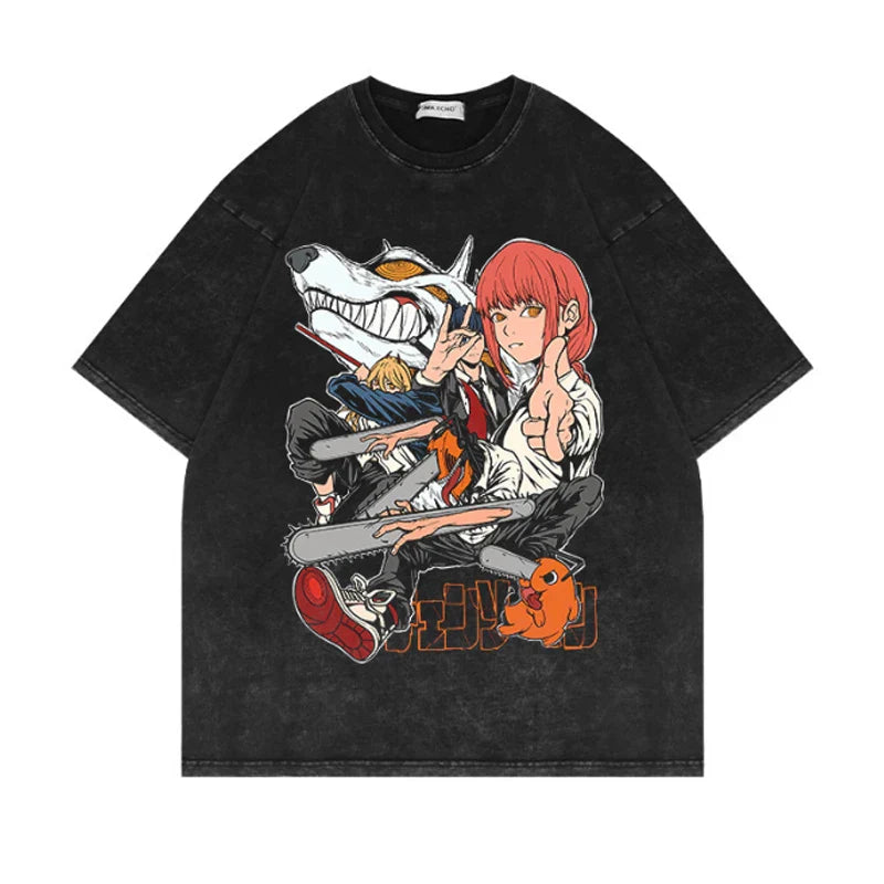 Anime Chainsaw Man T Shirts Makima Cotton Pochita Retro Washed Tshirts Streetwear Graphic Oversized Summer Casual T-shirts CA106