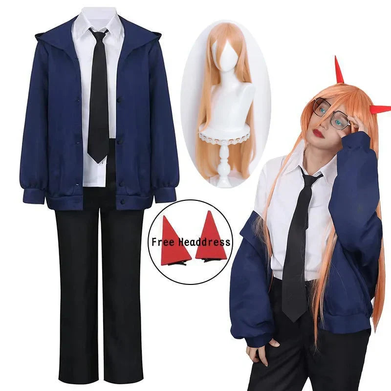 Anime Power Cosplay Chainsaw Man Cosplay Costume Blue Red Jacket Pants Wig Uniform Suit Halloween Christmas Costumes for Women