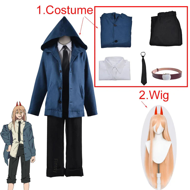 Anime Power Cosplay Chainsaw Man Costume Women Blue Casual Outfits Jacket Pants Suit Red Hairpin Blood Devil Halloween Party Set