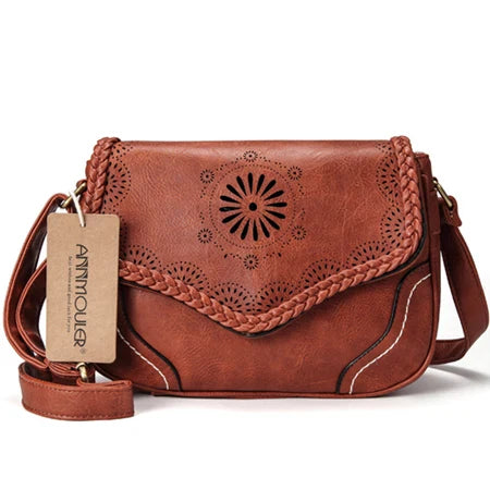 Annmouler Brand Women Shoulder Bag Vintage Pu Leather Crossbody Bag Hollow Out Ladies Satchel Bag Brown Retro Handbag for Girls