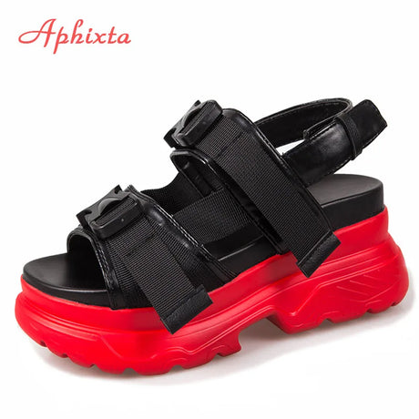 Aphixta 8cm Platform Sandals Women Wedge High Heels Shoes Women Buckle Leather Canvas Summer Zapatos Mujer Wedges Woman Sandal