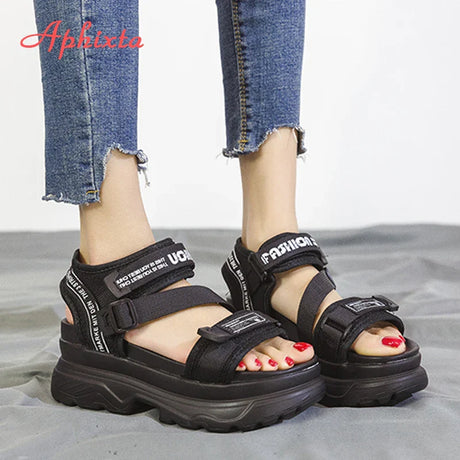 Aphixta 8cm Platform Sandals Women Wedge High Heels Shoes Women Buckle Leather Canvas Summer Zapatos Mujer Wedges Woman Sandal