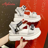 Aphixta 8cm Platform Sandals Women Wedge High Heels Shoes Women Buckle Leather Canvas Summer Zapatos Mujer Wedges Woman Sandal