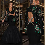 Arabia Luxury Evening Dresses Green Crystal Beads Mermaid Jacket Floor-Length Backless Formal Occasion Wedding Party Gowns