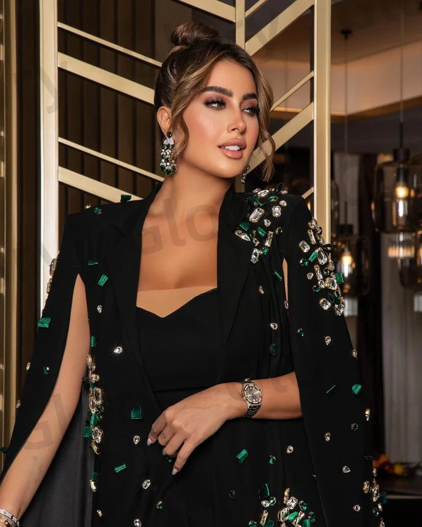 Arabia Luxury Evening Dresses Green Crystal Beads Mermaid Jacket Floor-Length Backless Formal Occasion Wedding Party Gowns