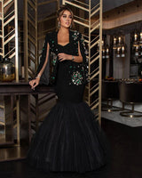 Arabia Luxury Evening Dresses Green Crystal Beads Mermaid Jacket Floor-Length Backless Formal Occasion Wedding Party Gowns