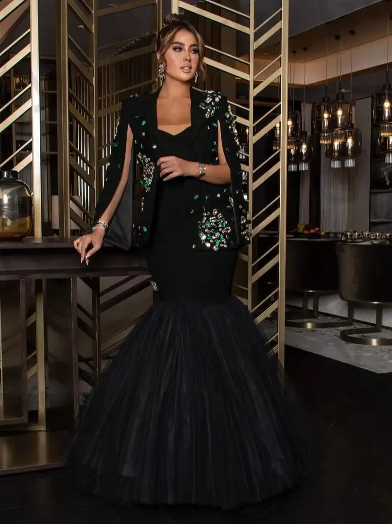 Arabia Luxury Evening Dresses Green Crystal Beads Mermaid Jacket Floor-Length Backless Formal Occasion Wedding Party Gowns