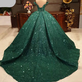 Arabic Green Sequins Beading Wedding Dress Off Shoulder Lace Evening Party Gowns Sweep Train Muslim Customize