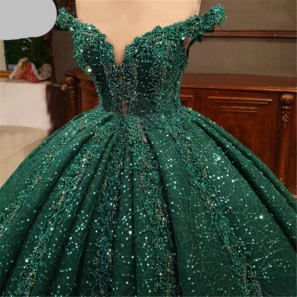 Arabic Green Sequins Beading Wedding Dress Off Shoulder Lace Evening Party Gowns Sweep Train Muslim Customize