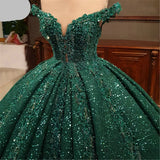 Arabic Green Sequins Beading Wedding Dress Off Shoulder Lace Evening Party Gowns Sweep Train Muslim Customize