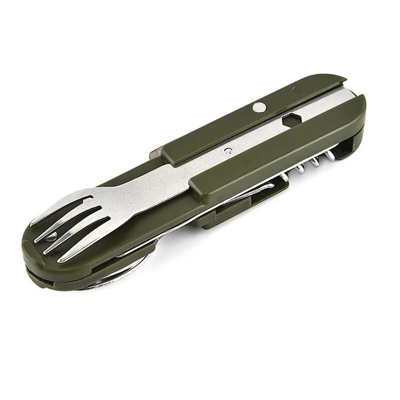 Army Green Folding Cutlery Stainless Steel Portable  Camping Picnic Knife Fork Spoon Bottle Opener Flatware Tableware Travel Kit