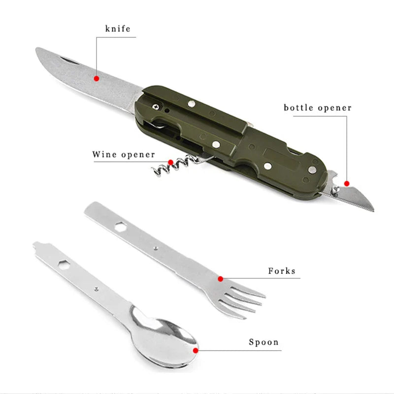 Army Green Folding Cutlery Stainless Steel Portable  Camping Picnic Knife Fork Spoon Bottle Opener Flatware Tableware Travel Kit