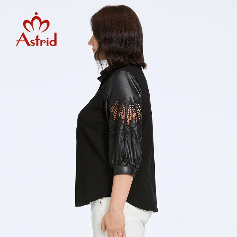 Astrid Women's Shirt 2023 Long Sleeve Cut Out Plus Size Pu Leather Top Woman Clothes Fashion Stitching Design Female Tee Shirt