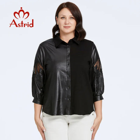 Astrid Women's Shirt 2023 Long Sleeve Cut Out Plus Size Pu Leather Top Woman Clothes Fashion Stitching Design Female Tee Shirt