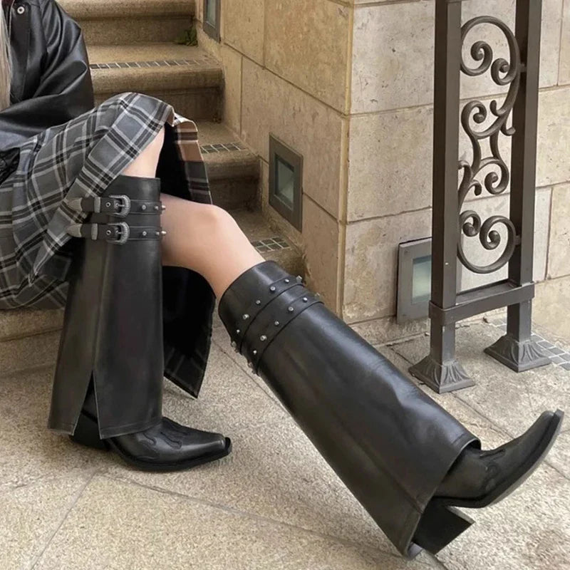 Autumn Cowboy Boots For Women Fashion Slip On Long Pipe Boots Female Square High Heel Trend Winter Footwear