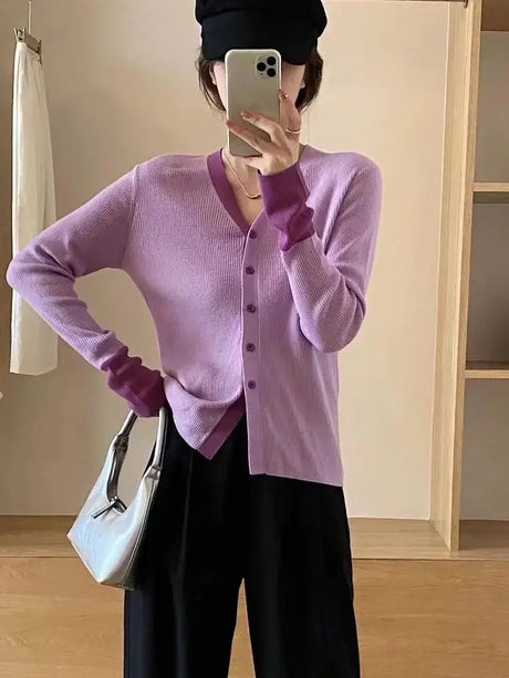 Autumn Knit Cardigan Girls Patchwork Long Sleeve Sweater Shirts Woman Contrast Color Knitted Tops