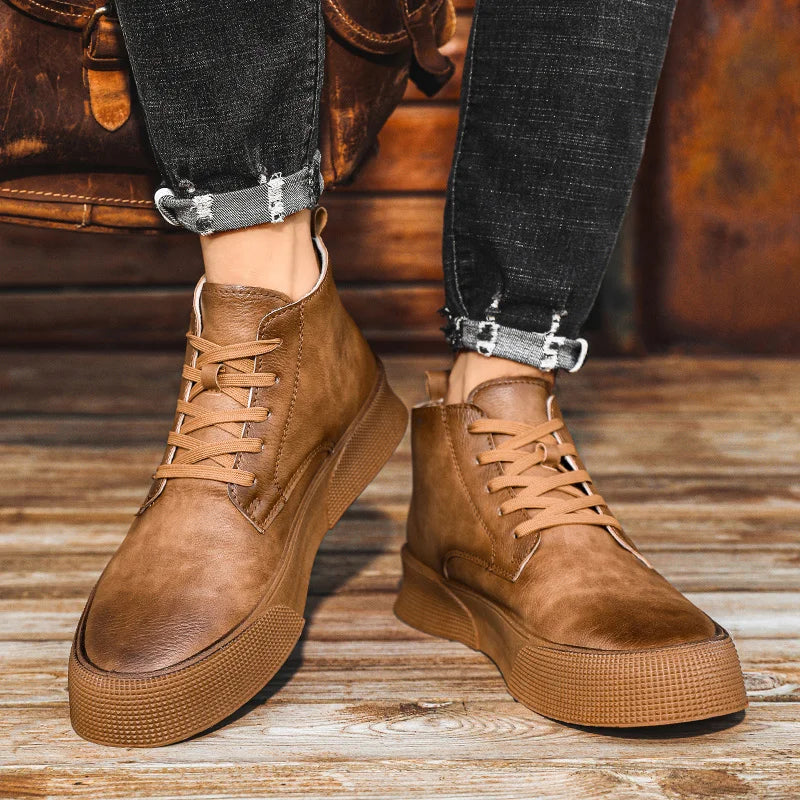 Autumn Men Ankle Boots High-cut Solid Genuine Leather Sneakers Motorcycle Boots Tooling Boots Platform Skateboard Sport Shoes