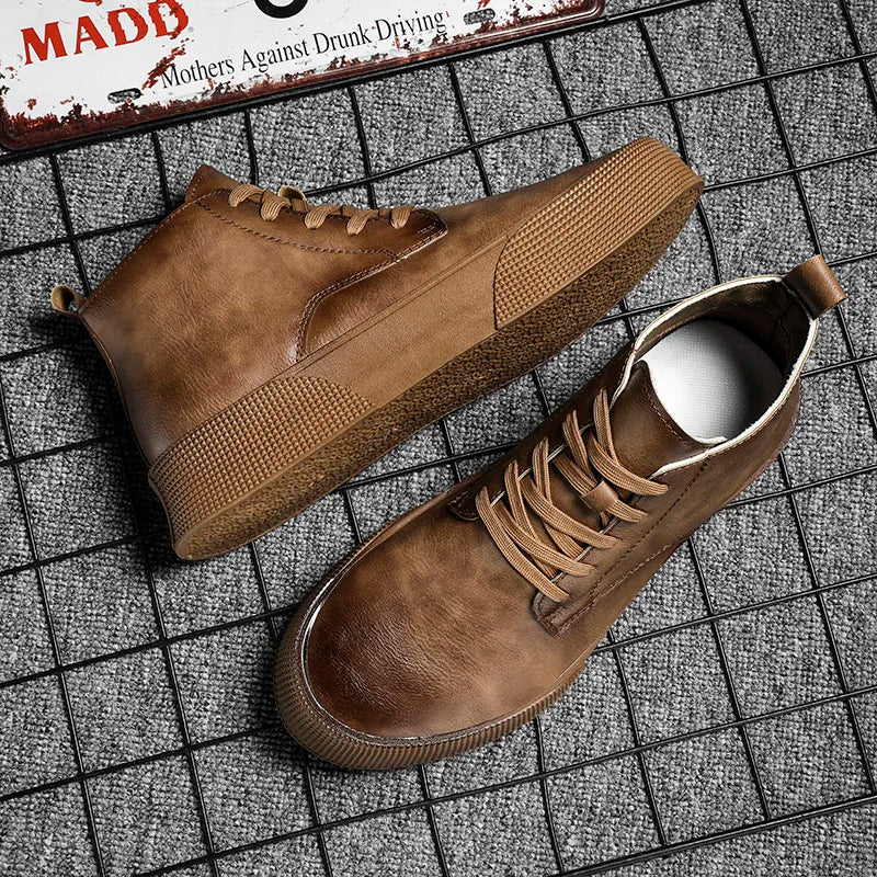 Autumn Men Ankle Boots High-cut Solid Genuine Leather Sneakers Motorcycle Boots Tooling Boots Platform Skateboard Sport Shoes