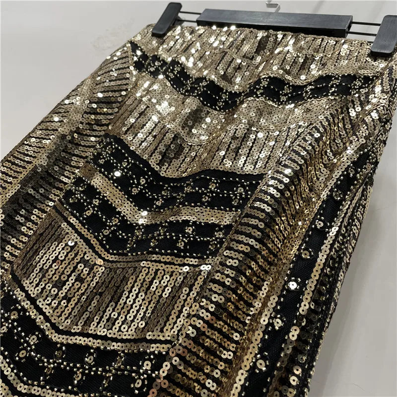 Autumn Retro Sequined X Long Skirt Vintage Beading Empire Gold Silm Bodycon Runway Bohemian Back Slit Pencil Jupe Sequin