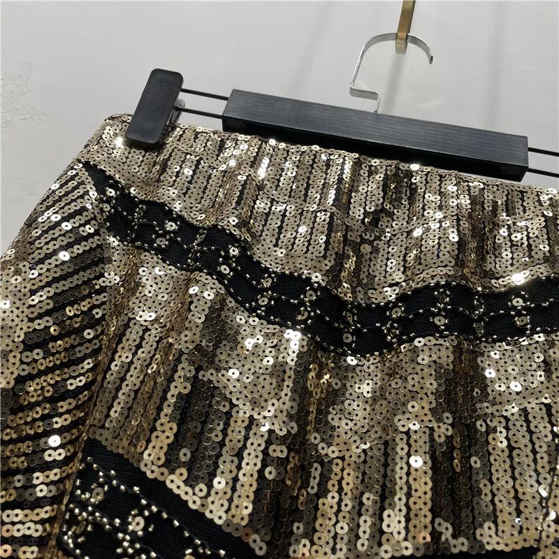 Autumn Retro Sequined X Long Skirt Vintage Beading Empire Gold Silm Bodycon Runway Bohemian Back Slit Pencil Jupe Sequin