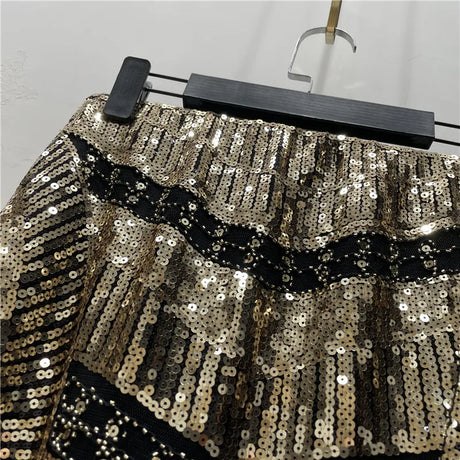 Autumn Retro Sequined X Long Skirt Vintage Beading Empire Gold Silm Bodycon Runway Bohemian Back Slit Pencil Jupe Sequin