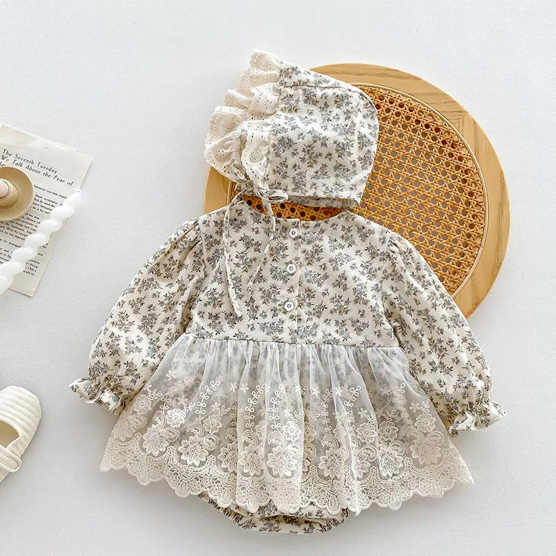 Autumn Spring Newborn Baby Girls Bodysuits+Hat Long Sleeved Cotton Print Lace Stitching Infant Baby Girls Jumpsuit Baby Clothing